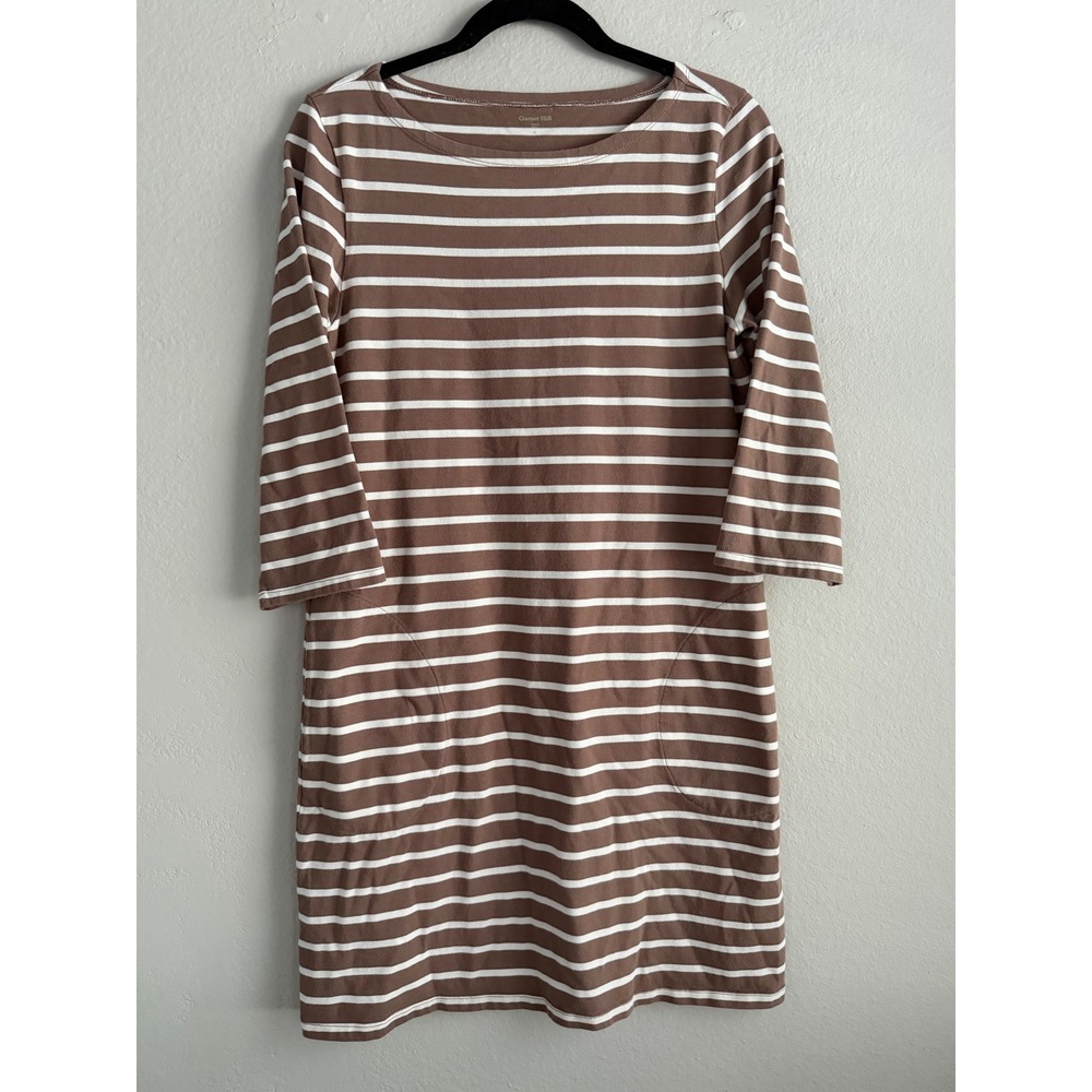Garnet Hill Brown White Striped Cotton Boatneck Pocket T-Shirt Dress Womens XS